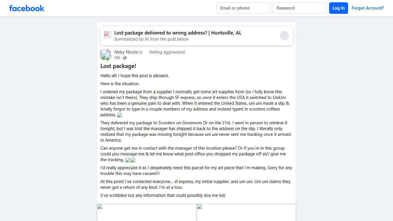 What's Happening in Huntsville, Madison, Athens? Lost package! Facebook